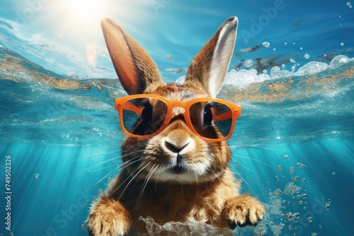 Cool Easter bunny with sunglasses under water.