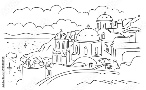 Santorini island, Greece. Beautiful traditional white architecture and Greek Orthodox churches with blue domes over the caldera, Aegean Sea. Linear head illustration
