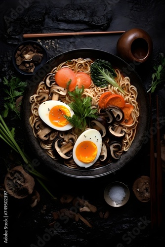 ramen, Japanese mushroom soup, boiled egg, rich Asian soup