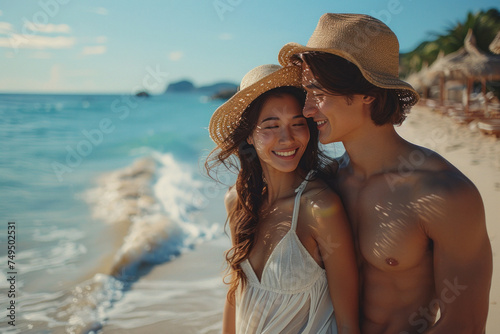 Asian young couple in love walking on sandy beach on seashore