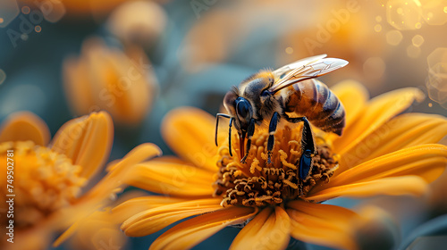 bee on flower with spring background photo