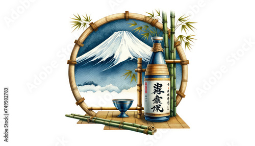 A traditional Japanese sake set with a picturesque Mount Fuji backdrop  framed by a bamboo circle. Generative ai