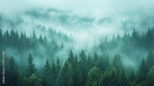 Vintage retro hipster misty landscape with fir forest