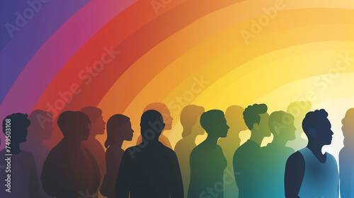 A group of people are standing in a rainbow line, generative ai