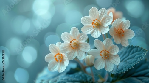 An image of spring forest white primroses on a beautiful blue background. Soft  hazy background  with free space for text. Soft  romantic image  free space for text.