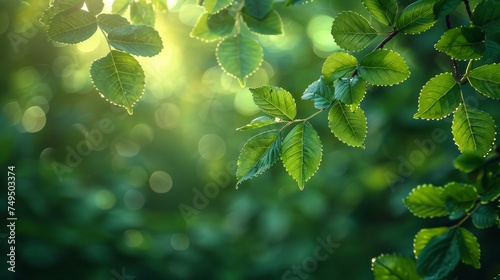 A spring background with a blurred background of green tree leaves