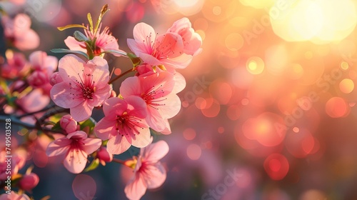This is a beautiful nature scene with blossoming tree and sun flare on a sunny day. Spring flowers. Beautiful orchard. Abstract blurred background. Springtime. © DZMITRY