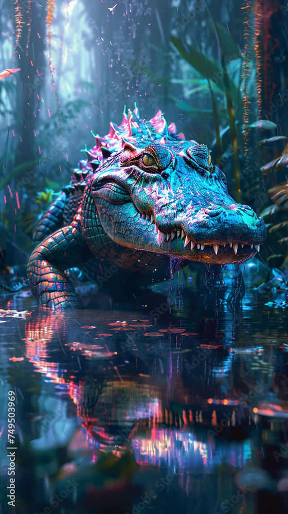 Cybernetic crocodile in a bioengineered swamp futuristic wildlife neon scales blend of nature and tech