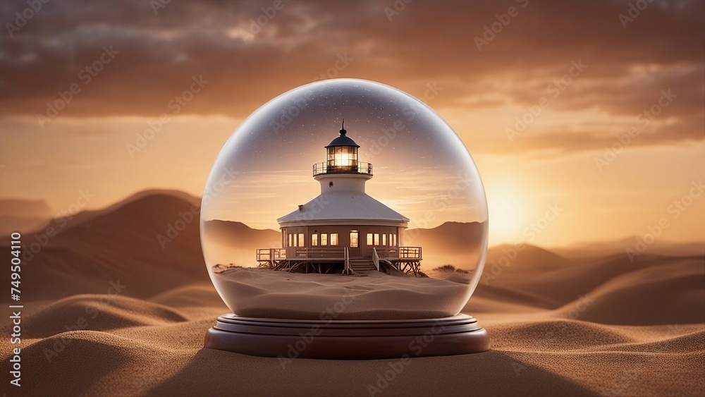 sunset highly intricately detailed photograph of  Thomas Point Lighthouse    inside a glass orb surrounded by sand 