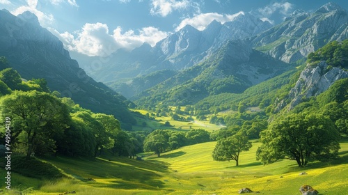 In the Spanish highlands of Asturias  a beautiful lush green valley framed by trees and colorful grass is photographed against the picturesque high mountains.