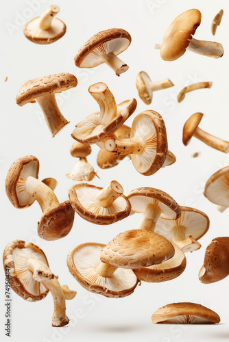A dynamic composition of sliced shiitake mushrooms captured in mid-air against a clean, white background.