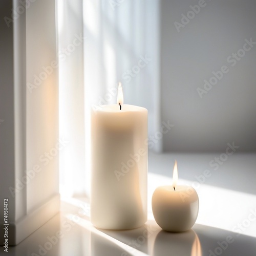 Two white candles on a windowsill with sunlight

