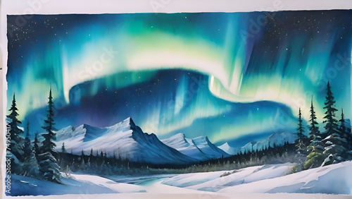 Generative AI landscape illustration, aurora borealis, northern lights at snow mountains 