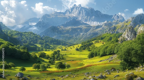 This is a stunning view of asturias, Spain, with its lush green valley filled with trees and colorful grass contrasting with picturesque high mountains