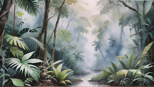 Generative AI watercolor painting, tropical jungle background