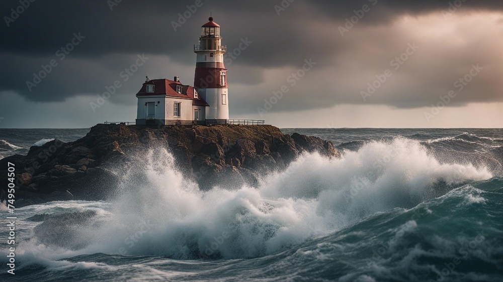lighthouse on the coast A lighthouse in a stormy landscape,  