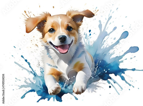 Generative AI watercolor splash painting, puppy in motion