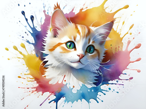Generative AI watercolor splash painting, kitten portrait © Azalea