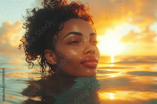 Portrait of African young woman swim in tropical sea