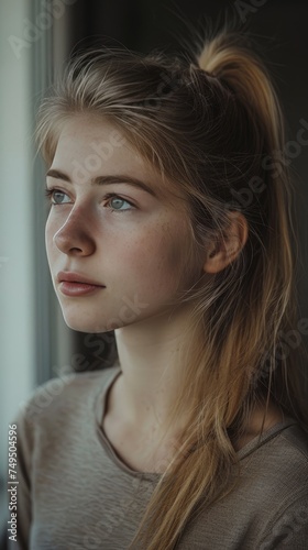 The hugh key portrait of a northern European young woman. blond hair Ponytail.Natural light no makeup natural skin. --ar 9:16