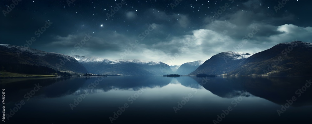 Starry night above tranquil lake with fluffy clouds in dark skies. Concept Landscape Photography, Night Sky, Tranquil Setting, Cloud Formation, Reflections on Water