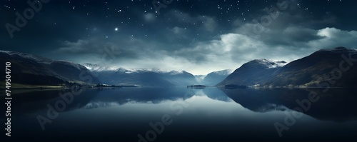 Starry night above tranquil lake with fluffy clouds in dark skies. Concept Landscape Photography, Night Sky, Tranquil Setting, Cloud Formation, Reflections on Water © Ян Заболотний