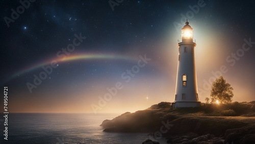 lighthouse at dusk A fantasy lighthouse in a starry night, with a comet, a moon, and a rainbow