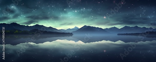 Starry night sky reflected on tranquil lake with drifting clouds overhead. Concept Starry Night, Tranquil Lake, Drifting Clouds, Sky Reflection, Nature Photography © Ян Заболотний