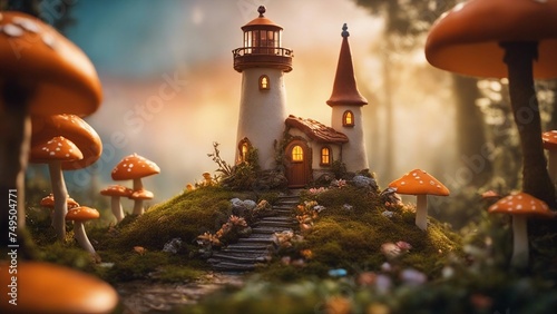 A fantasy lighthouse in a fairy tale forest, with mushrooms, flowers, 