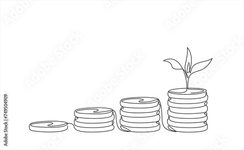 Coins stack with leaves branch continuous one line drawing. Business investing concept. Vector illustration isolated on white.