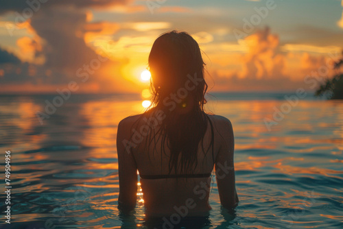 Portrait of Asian young woman swim in tropical sea