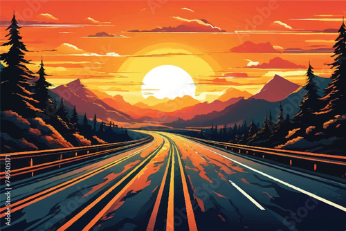 Road landscape with beautiful sunset view illustration. Beautiful Landscape showing view of a road leading to hills. highway drive with beautiful sunrise landscape. Road through fields and hills. 