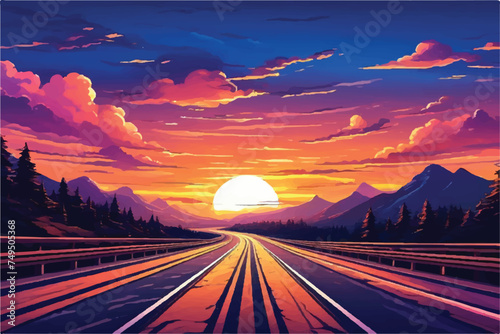 Road landscape with beautiful sunset view illustration. Beautiful Landscape showing view of a road leading to hills. highway drive with beautiful sunrise landscape. Road through fields and hills. 