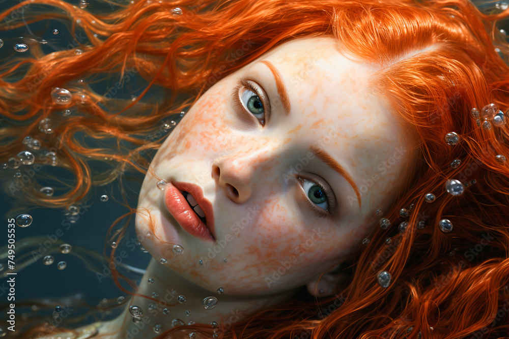 Mermaid underwater close-up, beautiful girl with long red hair, portrait