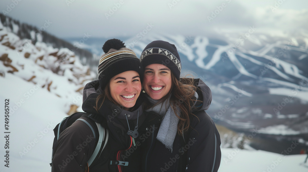 Portrait of happy two girls during the snow hiking in winter Portrait of happy two girls during the snow hiking in winter