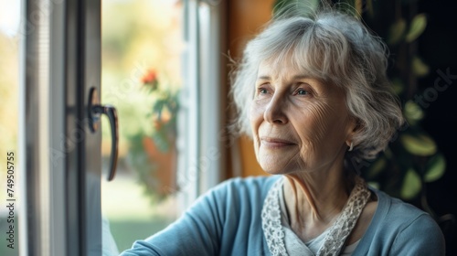 old senior woman contemplative looking out of the window