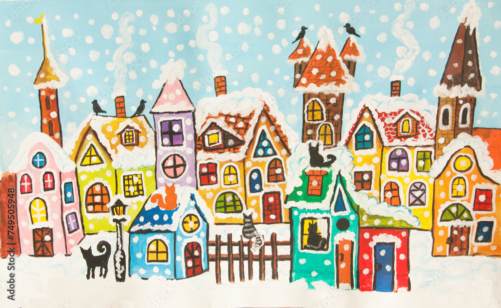 Fairy town in winter painting