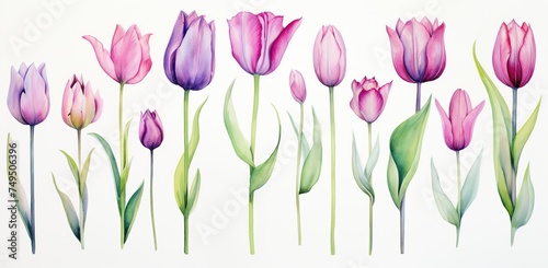 Many beautiful lilac tulips with leaves  botanical watercolor illustration for any festive design  horizontal pattern with spring flowers Generative AI