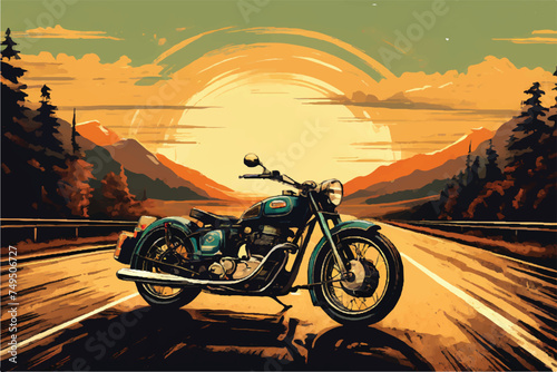 Vintage classic motorcycle on a highway. illustration of a vintage motorbike. antique motorbike. Vintage motorbike on a freeway. Antique motorbike. Classic Motor bike on highway road. Bike.