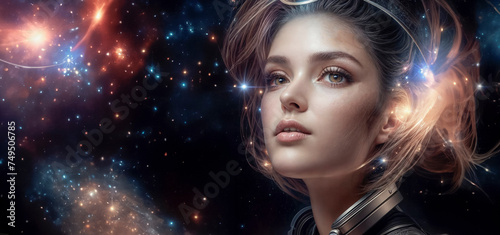 Beautiful young woman in space with stars and nebulae.