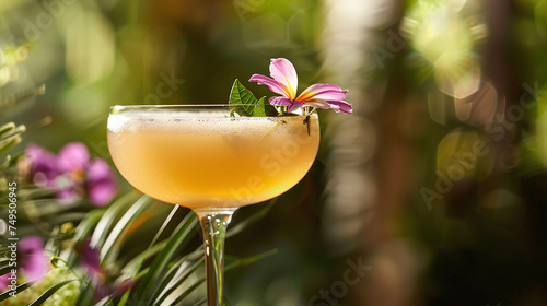 Cocktail with tropical flowers on blurred background, close-up
