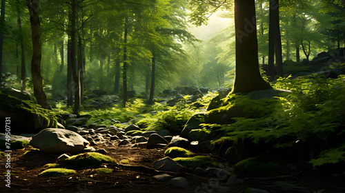 Sunlight's Soft Glow in Dense, Green Forest: A Testament to Nature's Serenity and Beauty © Leonard