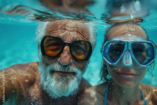 Caucasian old couple in love swim in tropical sea