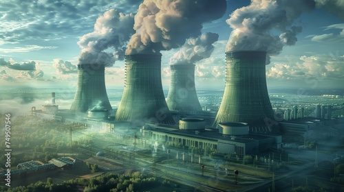 atomic nuclear reactor or power plant refinery industrial factory with cooling towers and smoke chimney as wide photo