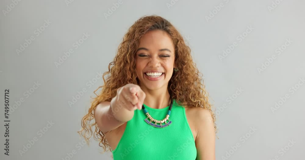 Happy woman, choice and pointing to you with decision, selection or pick on a gray studio background. Portrait of female person or model with smile for choose, offer and opportunity on mockup space Happy woman, choice and pointing to you with decision, selection or pick on a gray studio background. Portrait of female person or model with smile for choose, offer and opportunity on mockup space