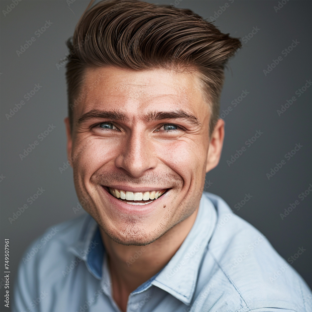 Studio portrait of a man smiling. Advertisement for dental, business, studio, etc.