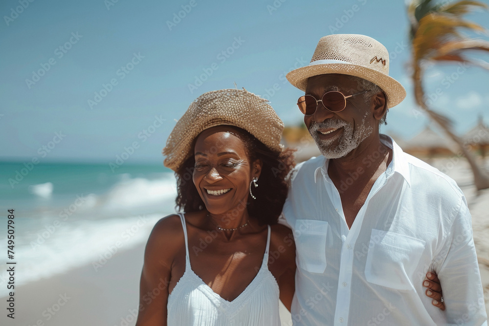 African American senior couple in love walking on sandy beach on seashore