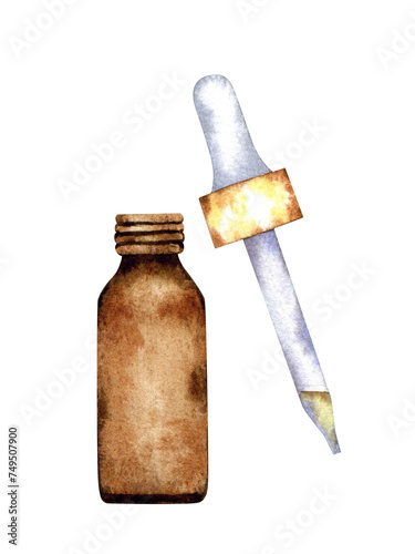 Aromatherapy, medicines, brown glass bottle with pipette. Hand drawn watercolor isolated on transparent background. Element for textile, wrapping paper, postcards