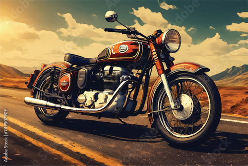 Vintage classic motorbike on highway illustration. Retro style motorbike illustration. illustration of classic motorcycle. Vintage motorcycle. Classic Motor bike on highway road. Royal Enfield. © Usama