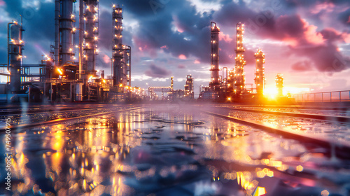 Industrial Sunset Reflections: Refinery, Smoke, and Petrochemical Plant